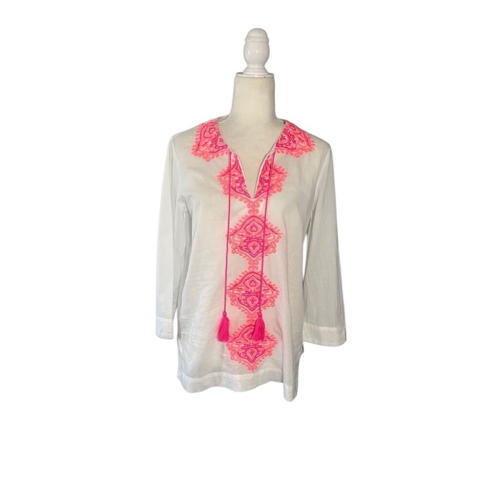 Lilly Pulitzer Amelia Island white hot pink embroidered white tunic - S
